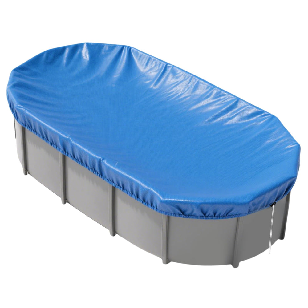 YEXEXINM front view of blue oval pool cover showing overall fit and protection