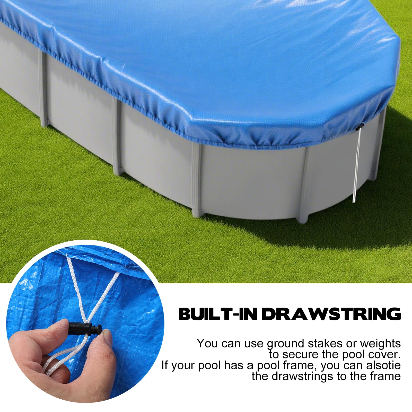 YEXEXINM pool cover fitted on oval pool providing clean water benefit