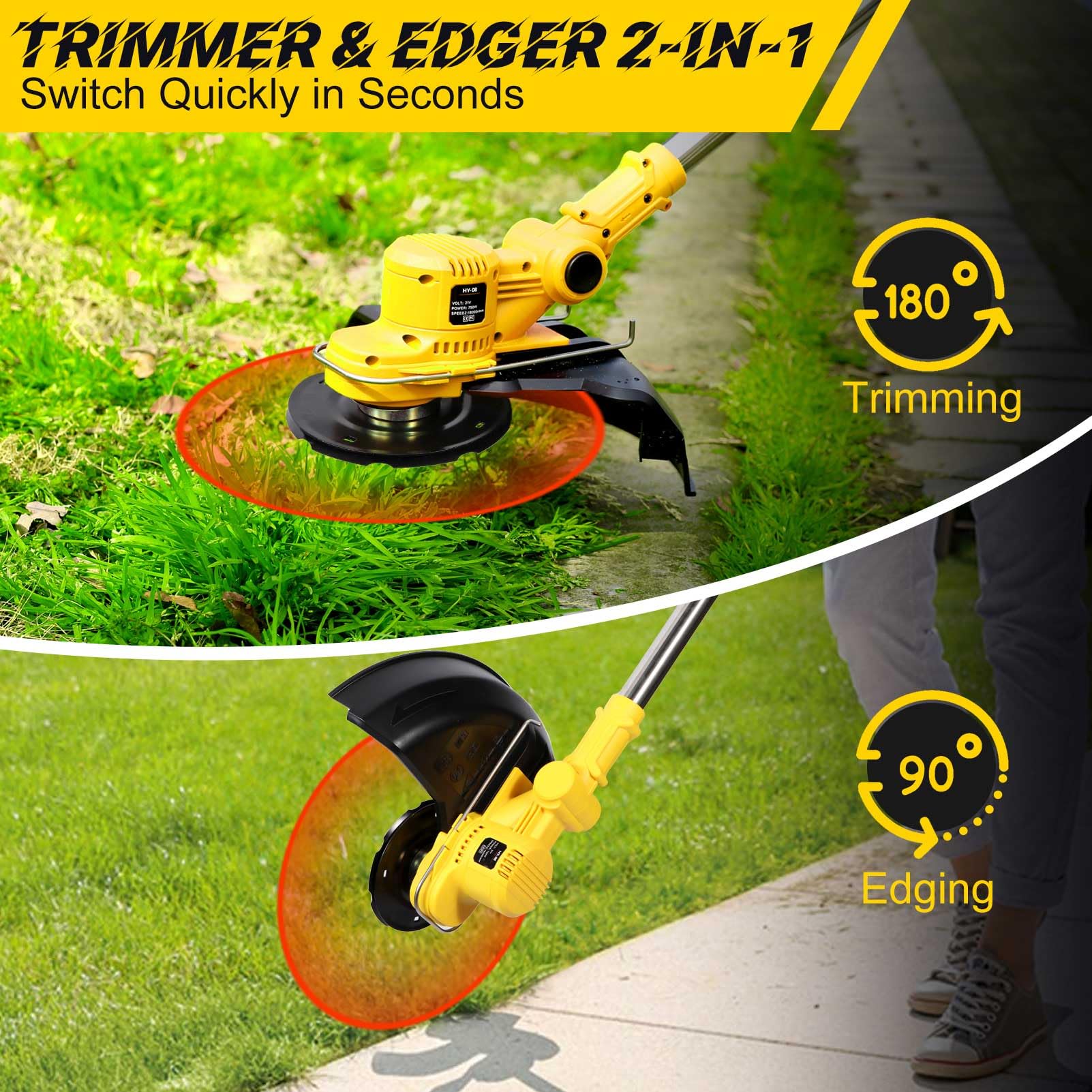 YEXLXLN trimmer in use edging a lawn to demonstrate maneuverability and clean results