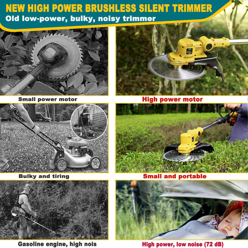 YEXLXLN gardener using trimmer in yard showing cordless convenience and maneuverability