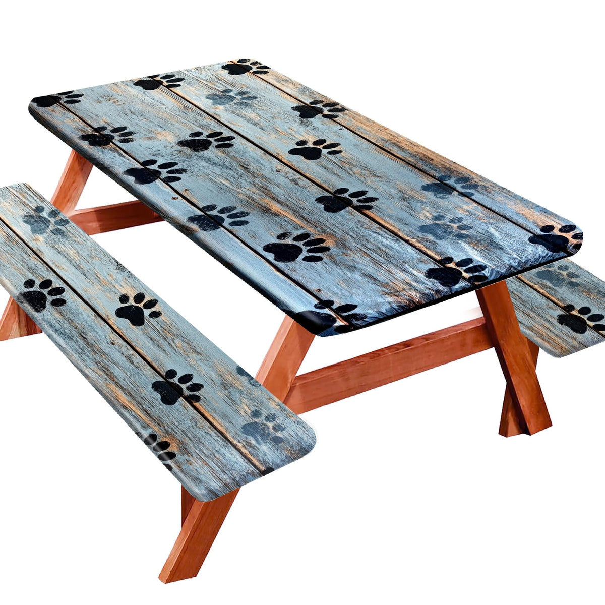 YEYE JUICE front view of full table and bench cover set showing decorative blue paw pattern and protection