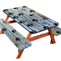 YEYE JUICE front view of full table and bench cover set showing decorative blue paw pattern and protection