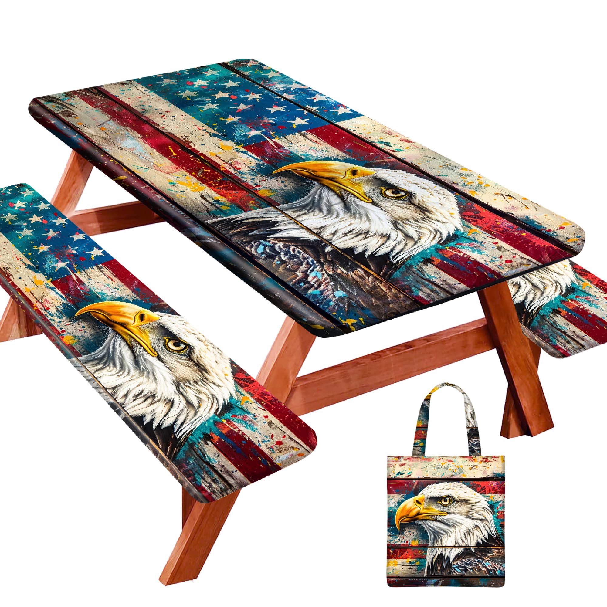 YEYE JUICE front view of fitted table cover showing snug fit and patriotic look