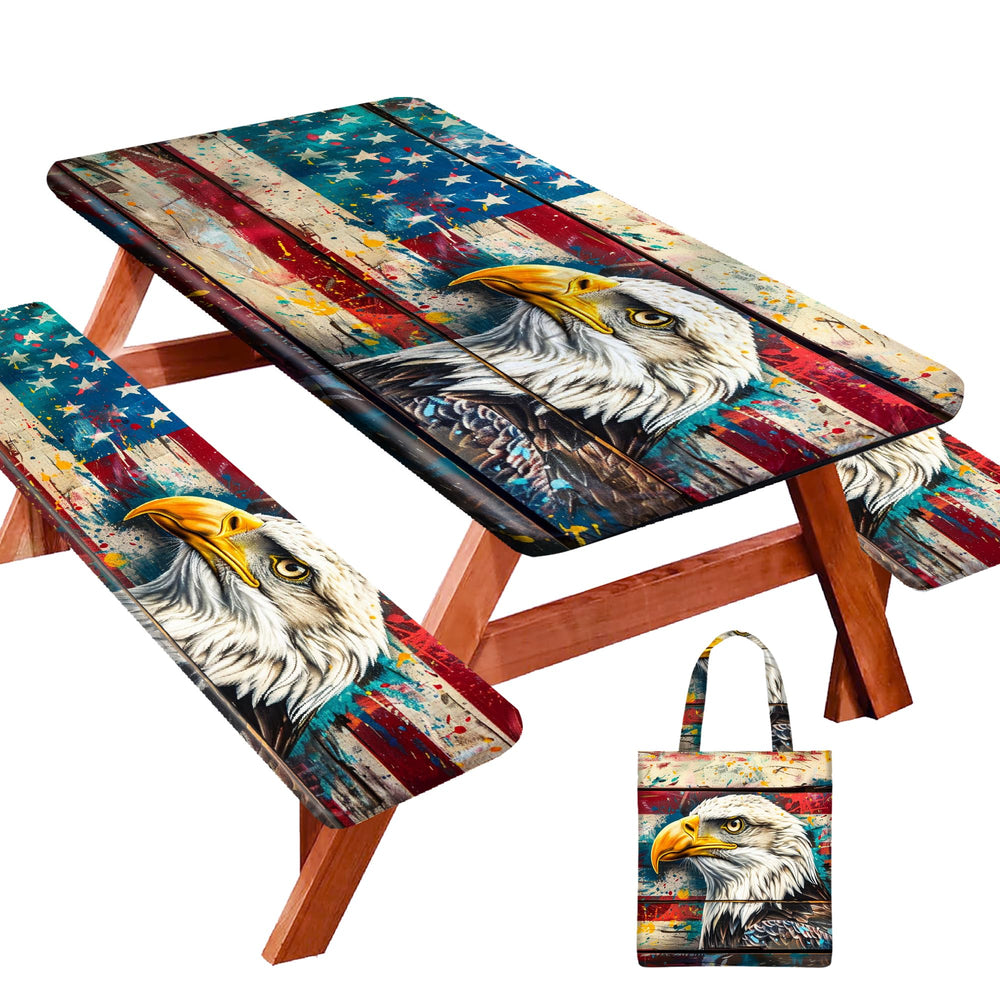 YEYE JUICE front view of fitted table cover showing snug fit and patriotic look