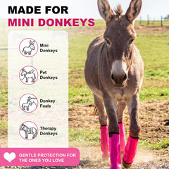 Yeyeplum boots on a donkey in pasture showing protection during turnout