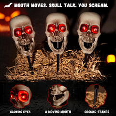 YFFSMYA close-up of skull LED eyes and moving mouth, highlights spooky animated detail