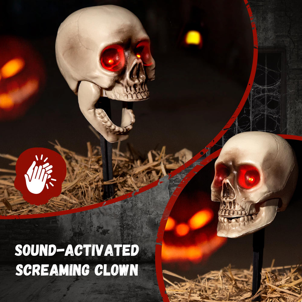 YFFSMYA skull staked in lawn beside walkway, offers hands-free ground-level fright
