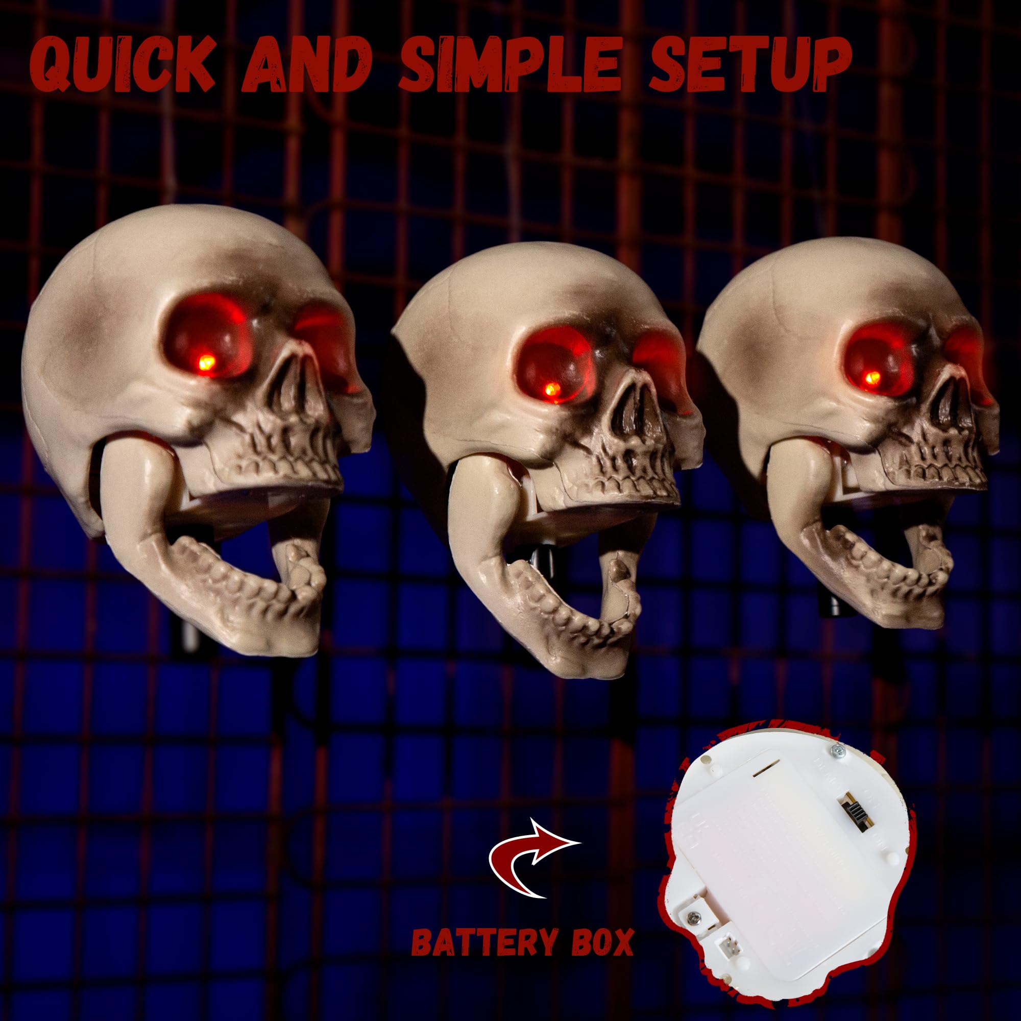 YFFSMYA three skulls lit at night in yard, produces dramatic spooky ambiance for guests