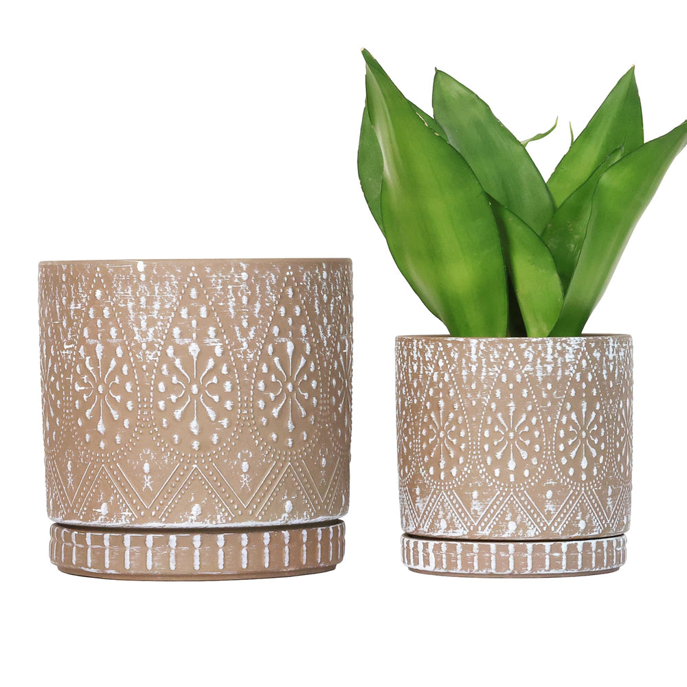 YFFSRJDJ front view of both ceramic pots showing elegant shape and saucers for decor