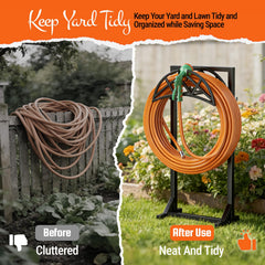 YFFSRJDJ hose wrapped on holder in use demonstrating tangle-free storage benefit