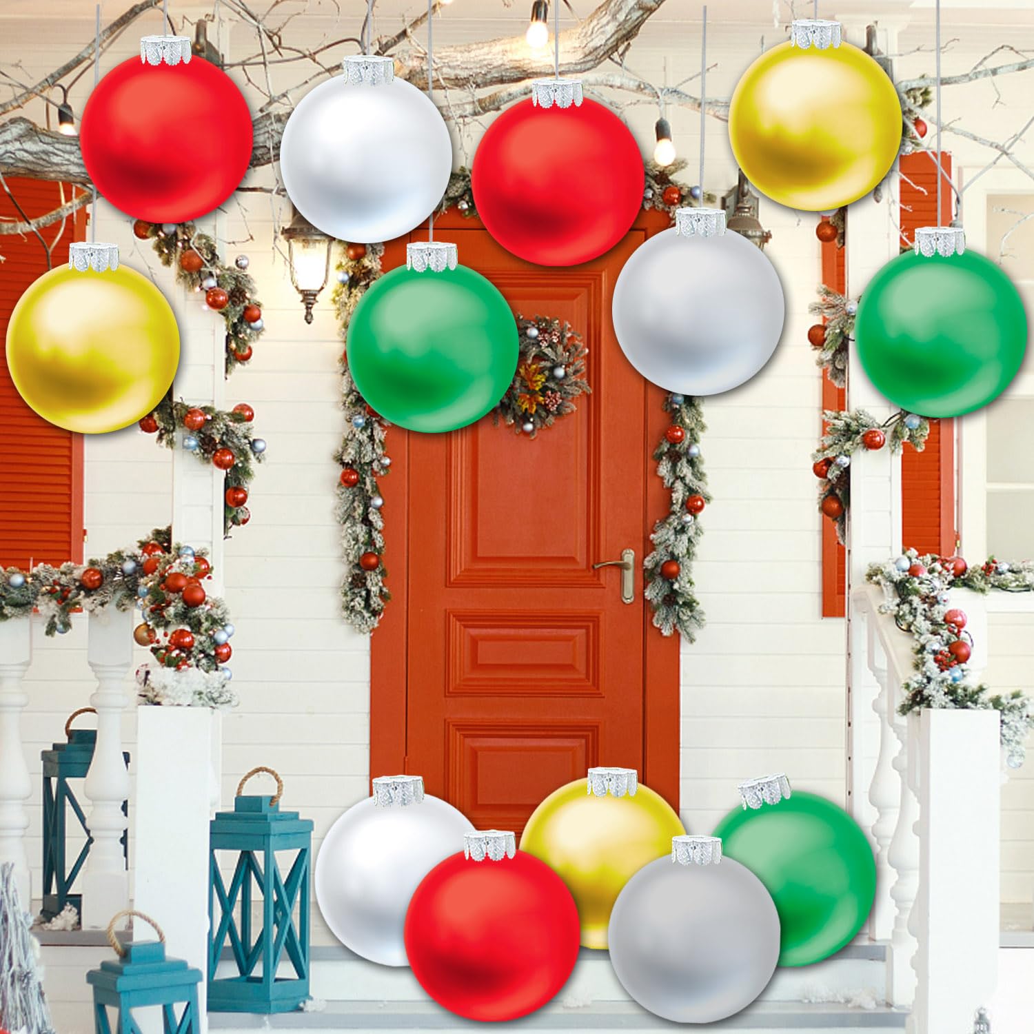 YHFUISK front packaging showing 20-piece inflatable ornament set and pump benefit fast setup