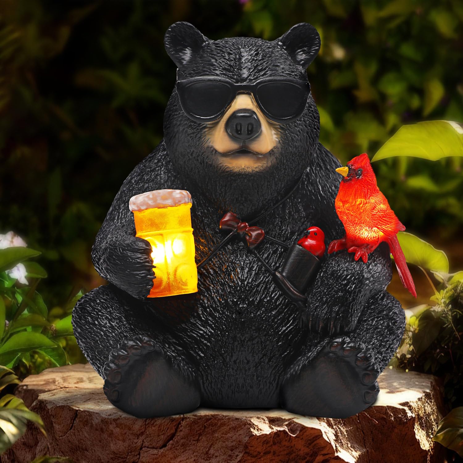 YHSOLAR bear statue front view showing playful pose and garden charm