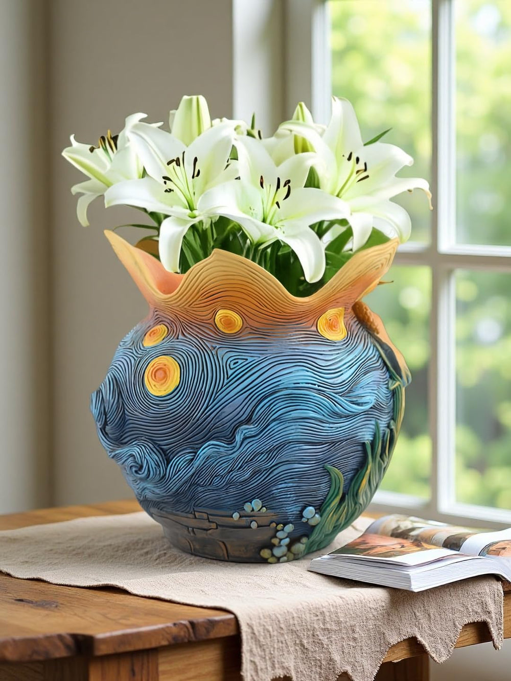 Yhupl planter staged with fresh flowers adding instant artistic centerpiece appeal