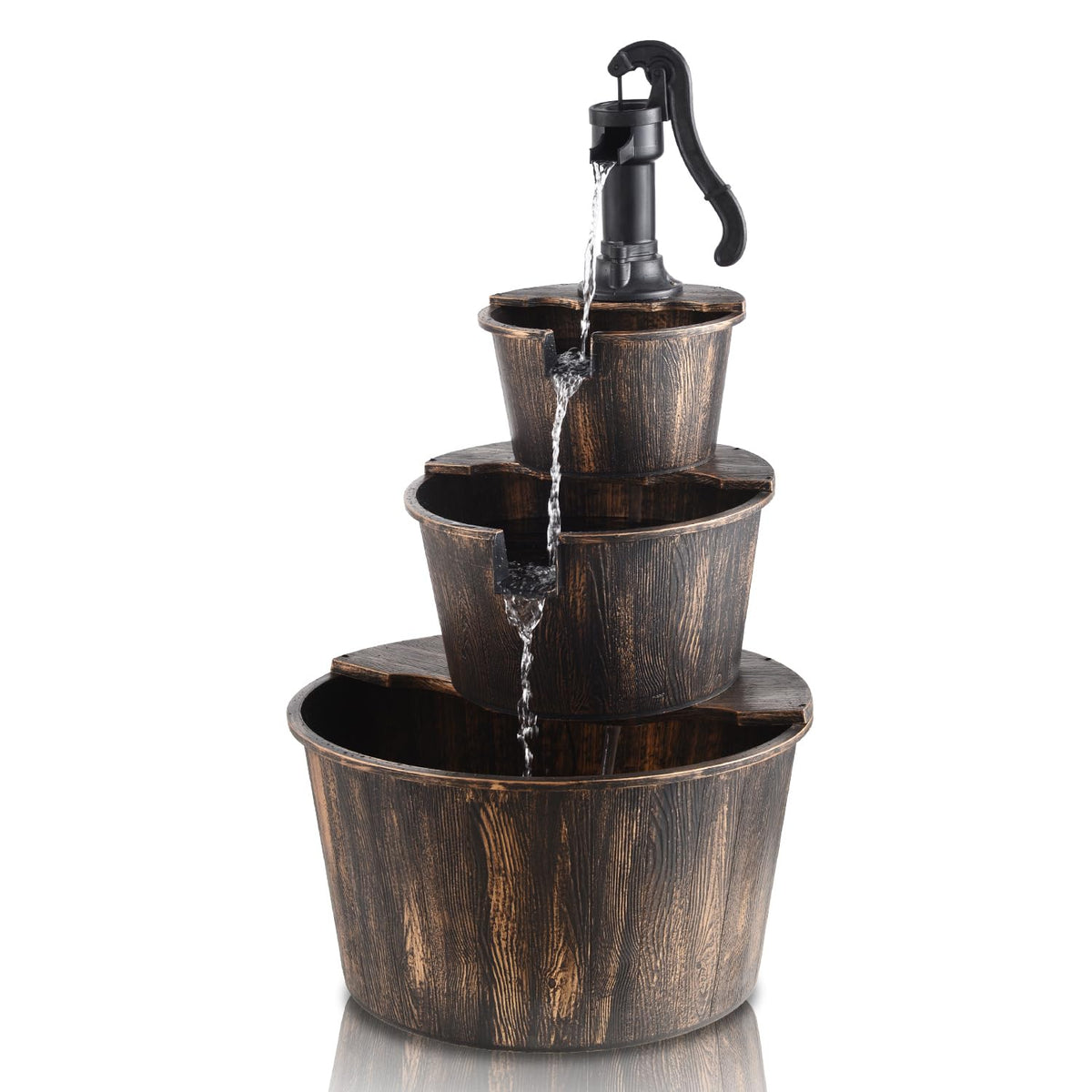 YI barrel fountain front view showing rustic bronze finish and three tiers, enhances garden ambiance