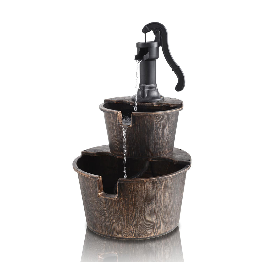 YI front view of two-tier barrel fountain showing rustic design and curb appeal
