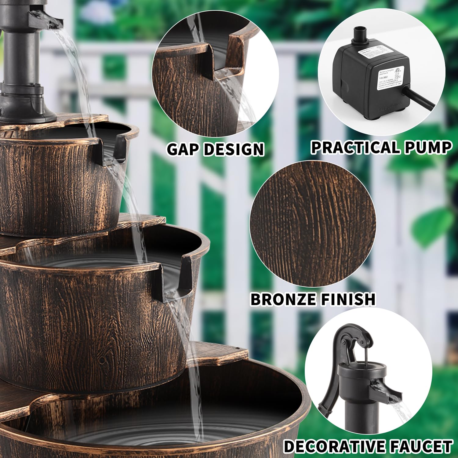 YI barrel fountain label and finish detail showing anti-fade coating for long-lasting outdoor appearance