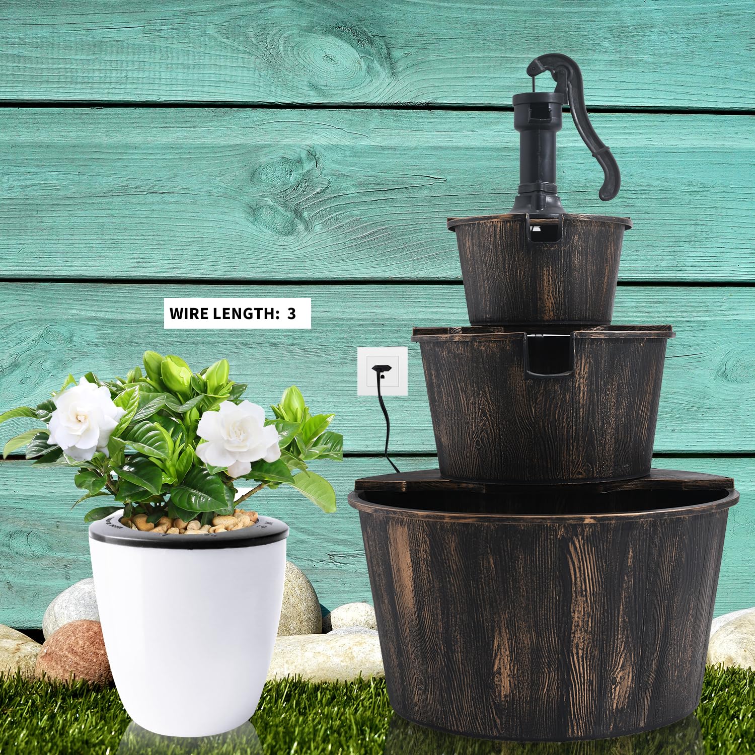 YI barrel fountain on a patio with plants illustrating styling ideas and tranquil seating zone