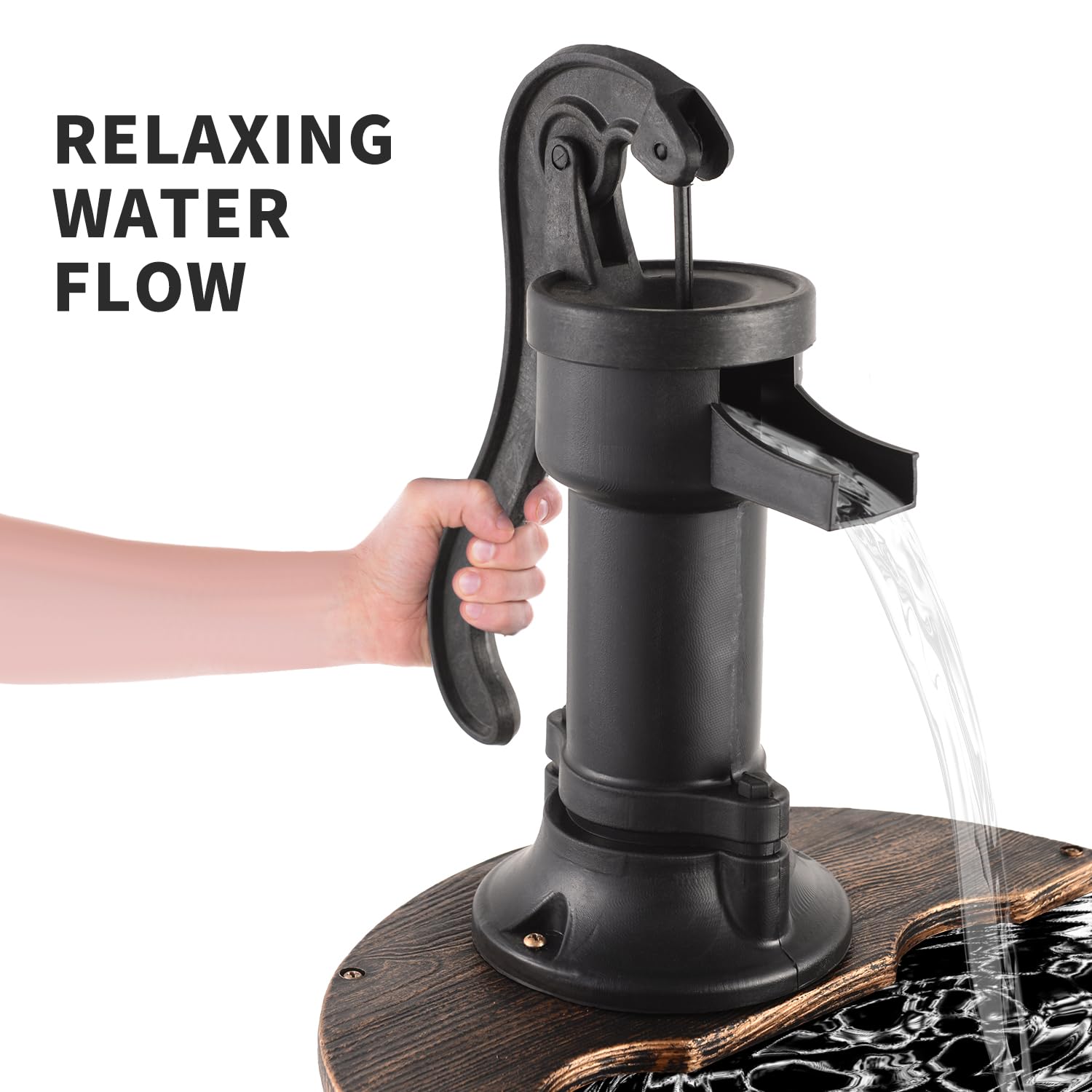 YI barrel fountain pump access with six-foot cord visible, allows easy maintenance and placement
