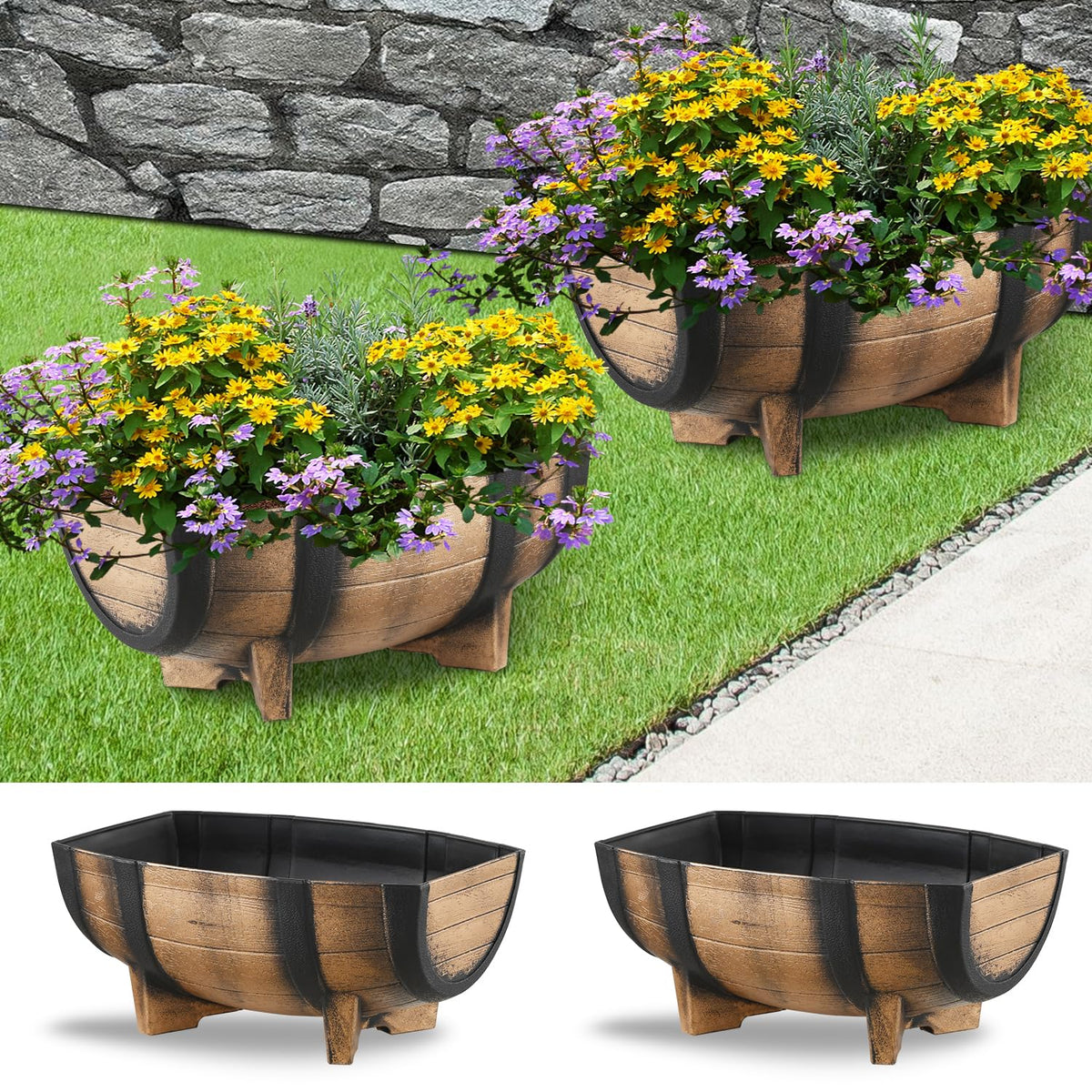 YI front view of two half barrel planters showing rustic curb appeal and easy placement