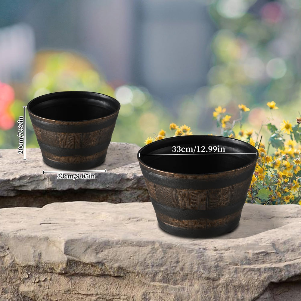 YI barrel planter on patio with flowers illustrating outdoor styling advantage