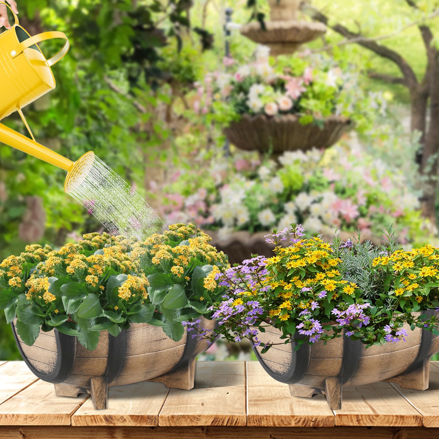 YI planters with sunflowers on a porch demonstrating outdoor styling and visual impact