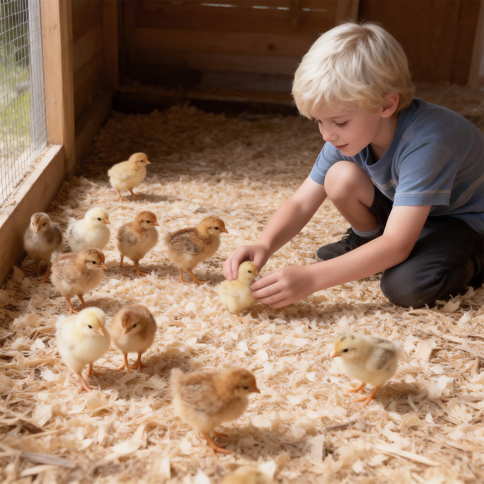 YIBOBO lifestyle coop setting illustrating dry, low-odor bedding benefit