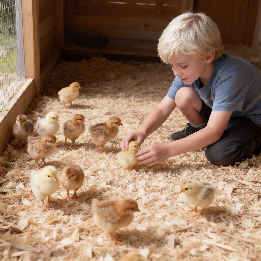 YIBOBO lifestyle coop setting illustrating dry, low-odor bedding benefit