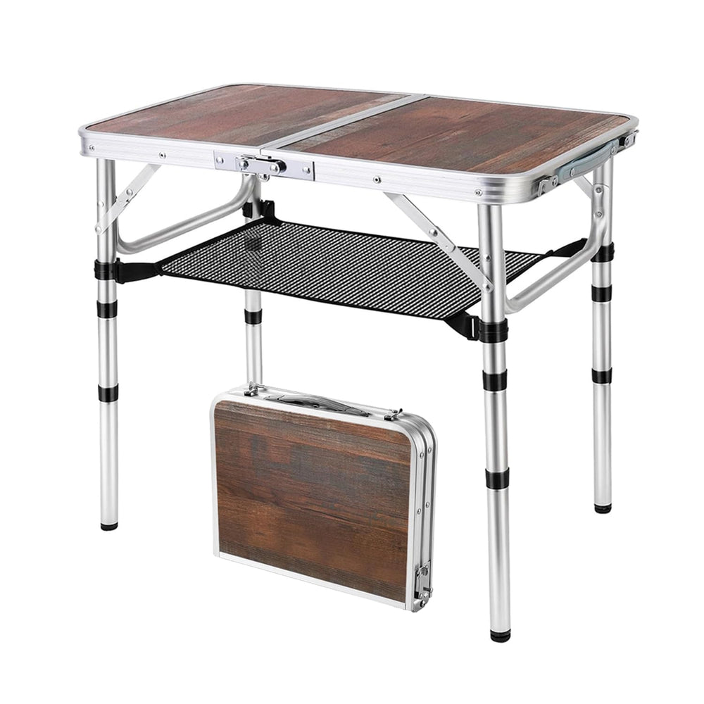 YihuiKo front view showing wood-grain tabletop and sturdy frame for outdoor use