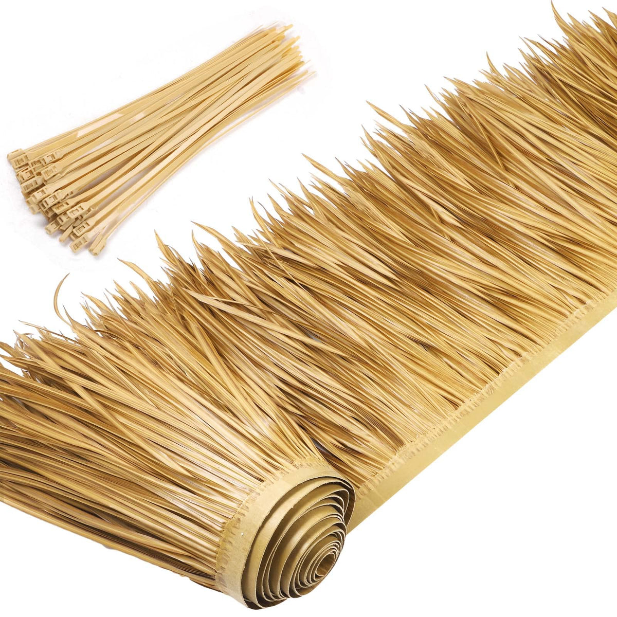 Yilloog front packaging showing full palm thatch roll and included ties for quick setup