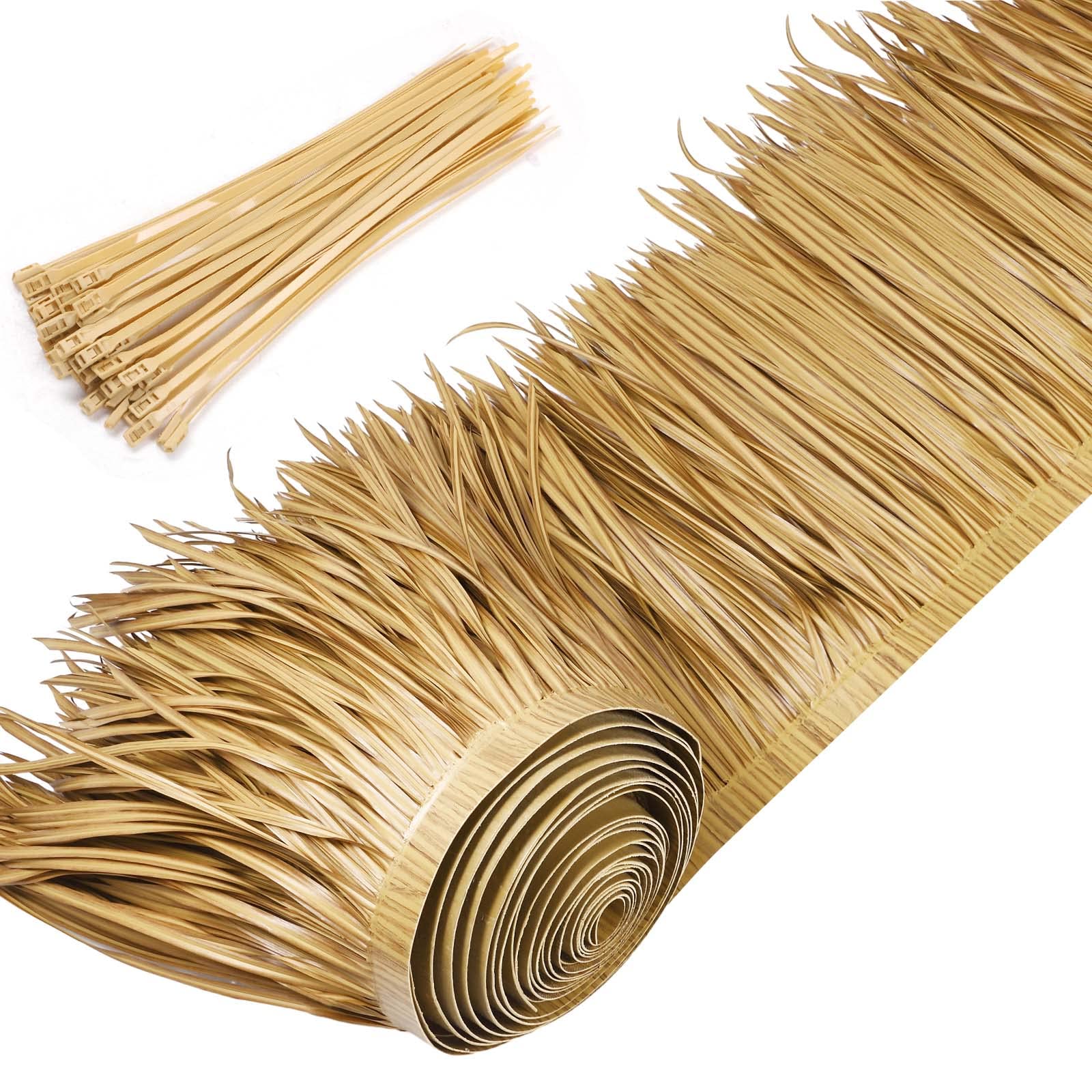 Yilloog palm thatch roll front view showing full length and natural look benefit