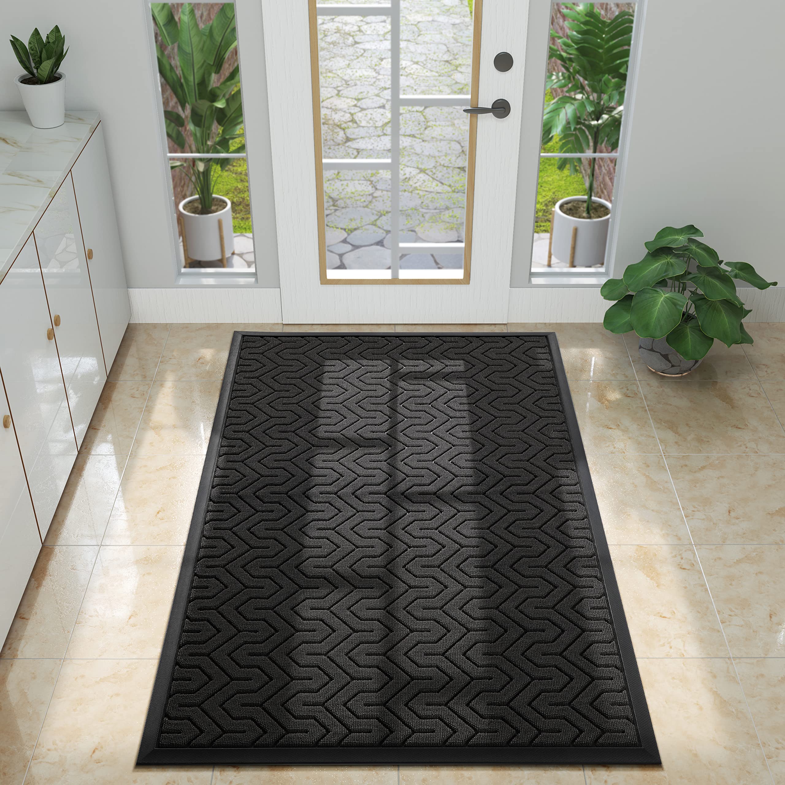 Yimobra front view of large black door mat showing full size and welcome function