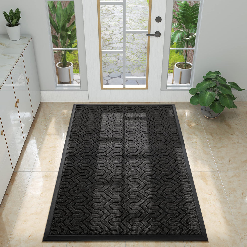 Yimobra front view of large black door mat showing full size and welcome function