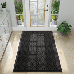 Yimobra front view of large black door mat showing full size and welcome function