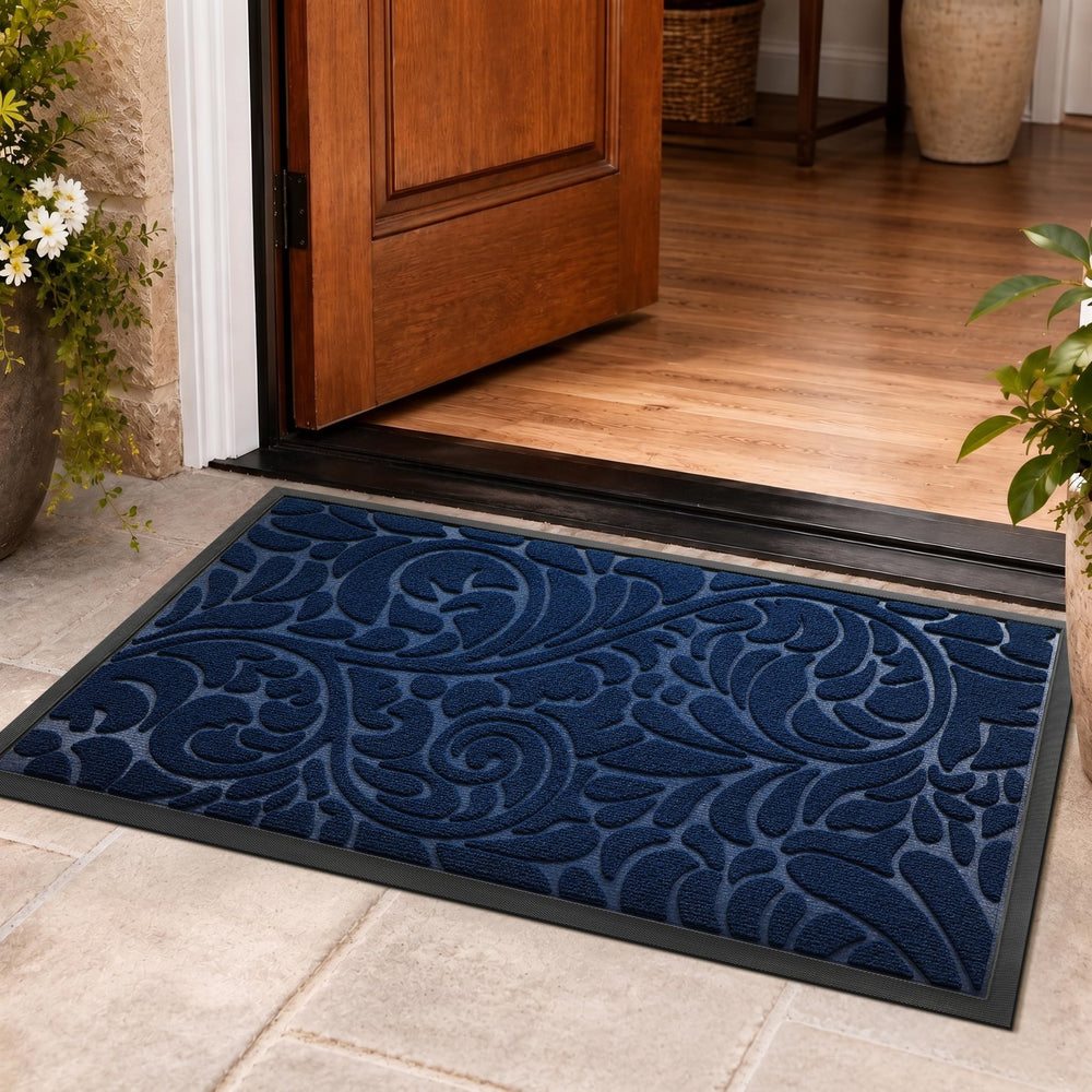Yimobra front view blue floral mat at doorway showing clean entry benefit