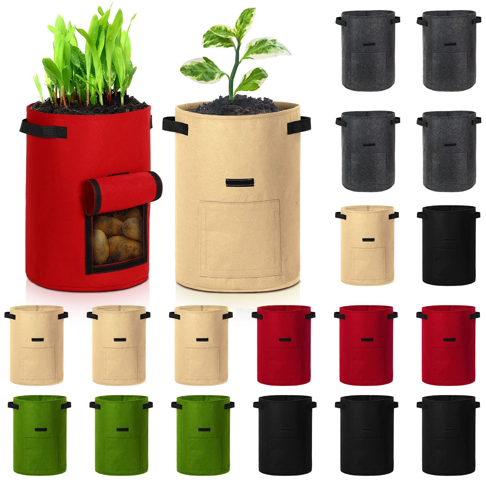 Yinder front view of 20-pack grow bags showing colors and quantity for organized gardening