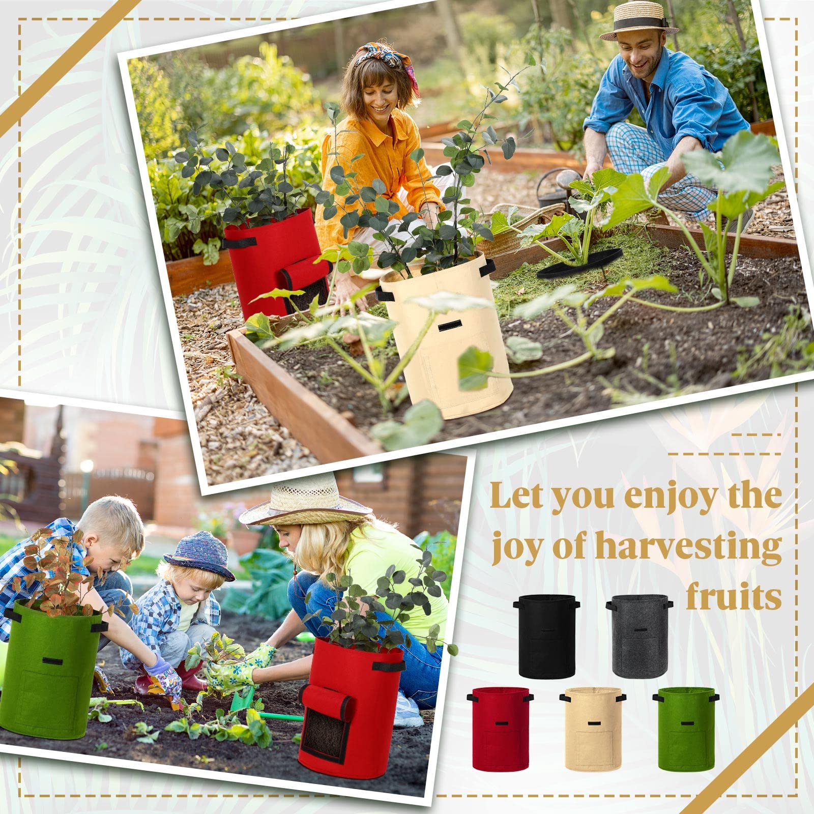 Yinder grow bag next to garden tools showing 10-gallon scale for planning