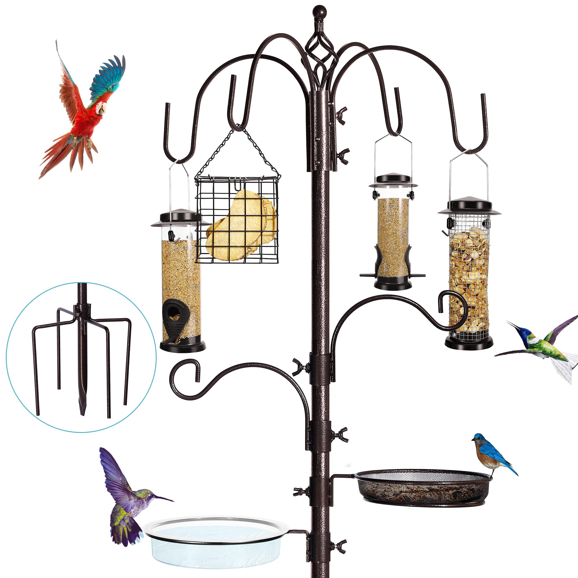 YINGYM poste completo frontal mostrando los 6 ganchos y accesorios para aves