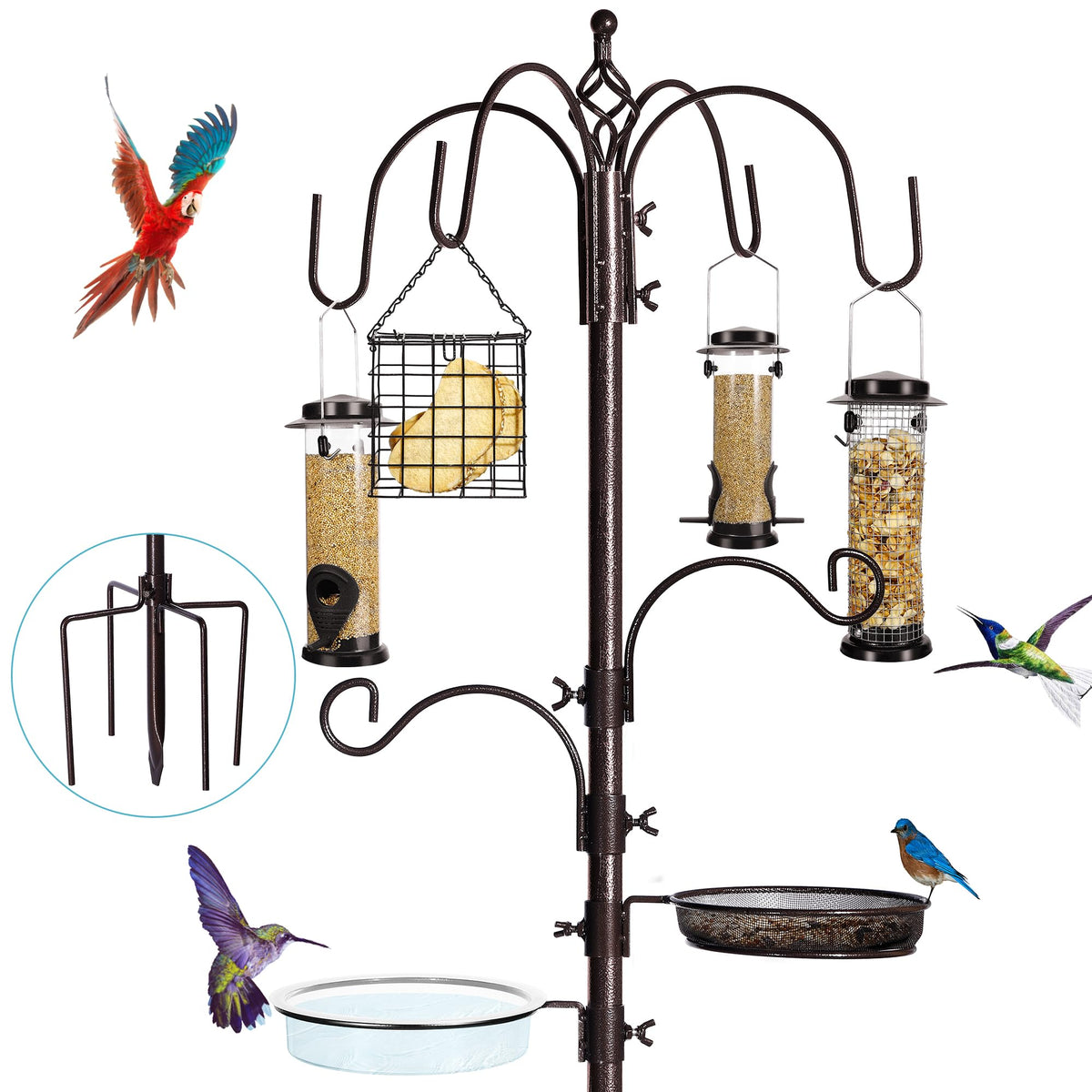 YINGYM poste completo frontal mostrando los 6 ganchos y accesorios para aves