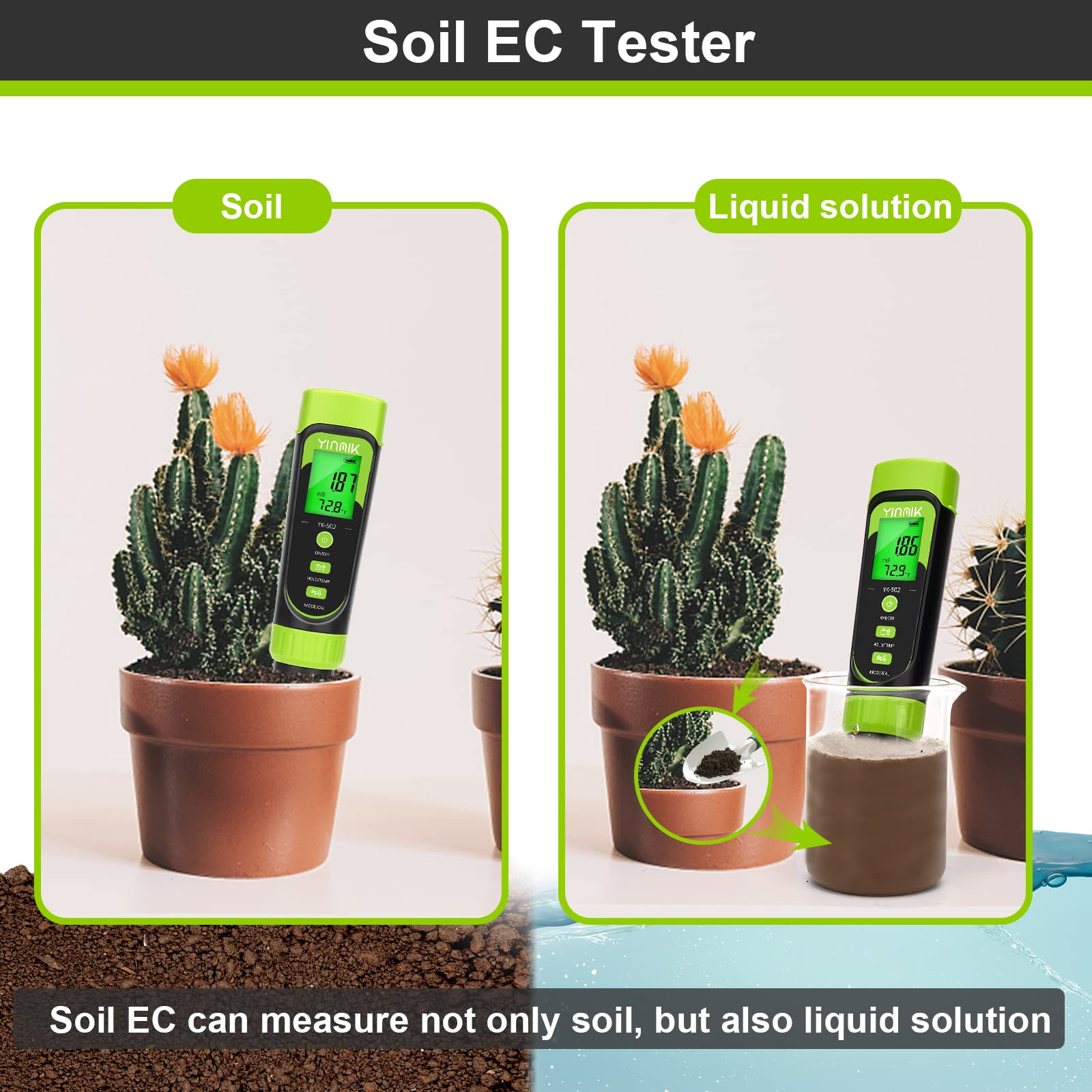 YINMIK meter inserted in a potted plant showing correct in-soil testing technique
