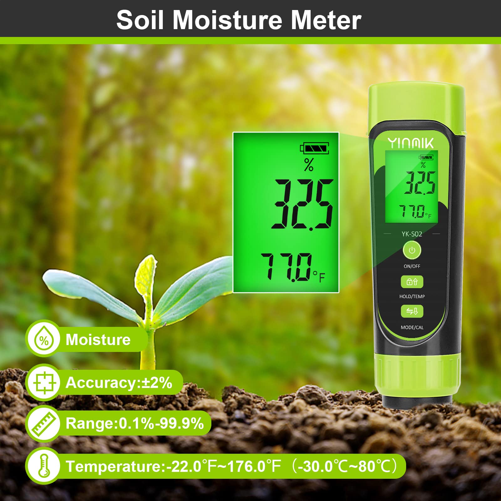YINMIK probe close-up revealing sensor tip for accurate moisture and EC readings