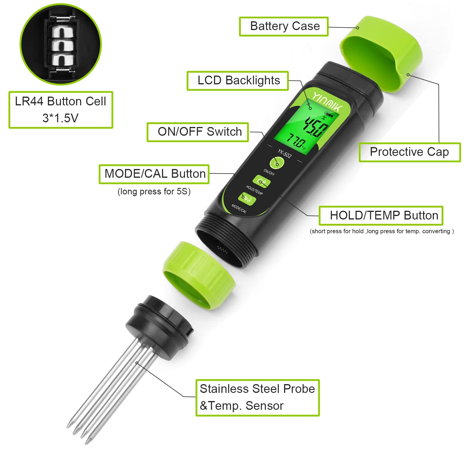 YINMIK handheld meter next to a hand showing compact size and portable garden use