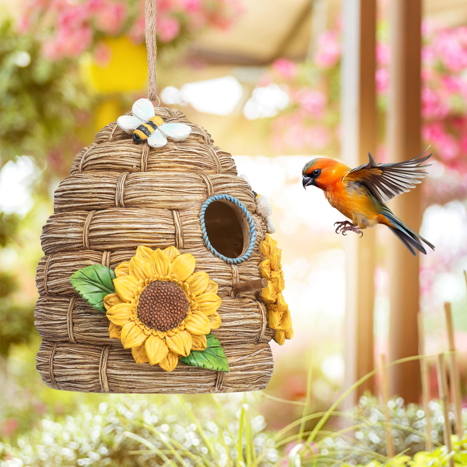 Yinns bird house hanging from porch beam offering protected shelter
