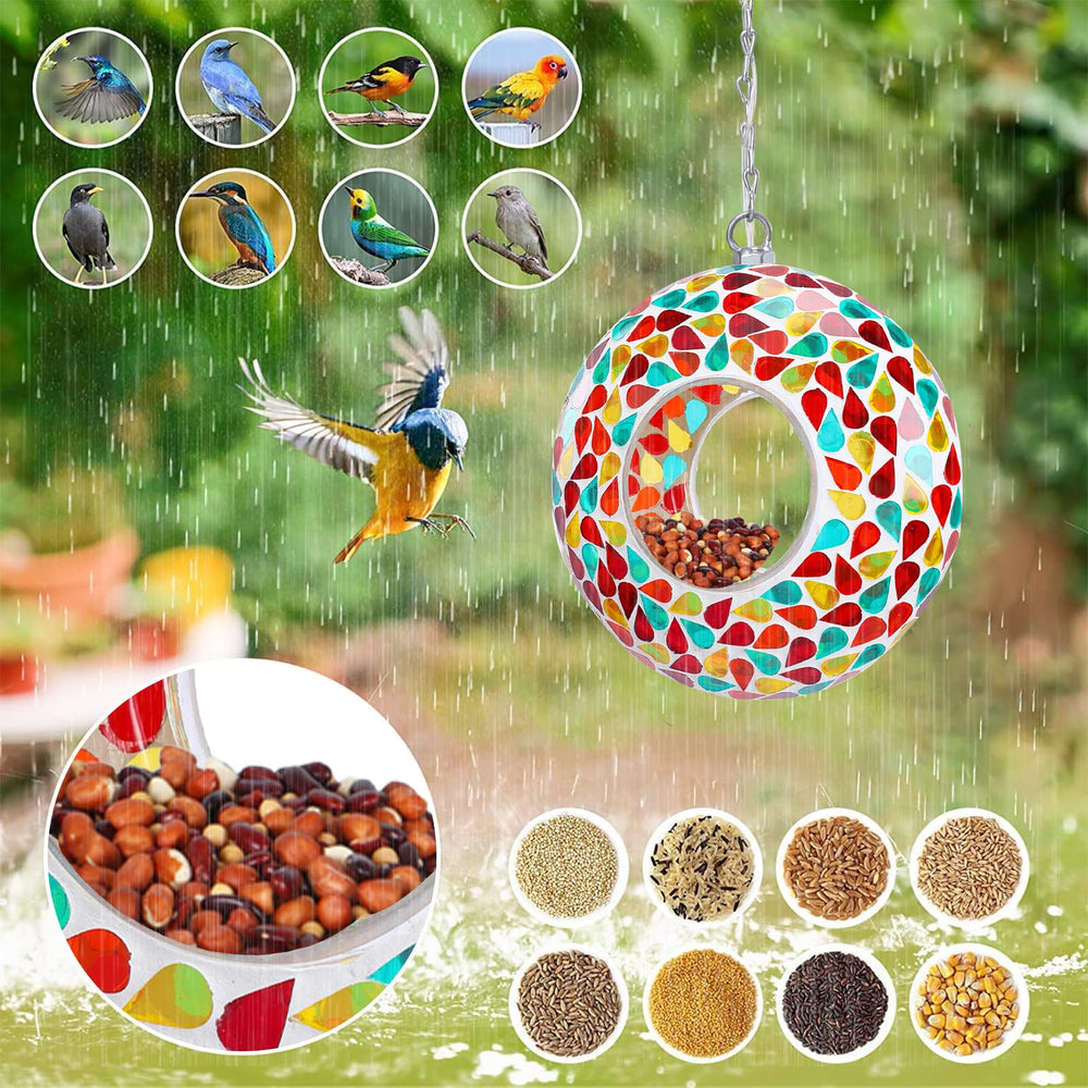 Yinns feeder with birds perched demonstrating easy access and natural attraction
