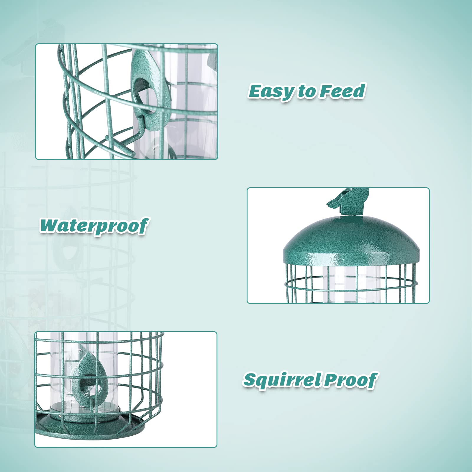 Yinns four feeding ports detail showing multiple birds feeding