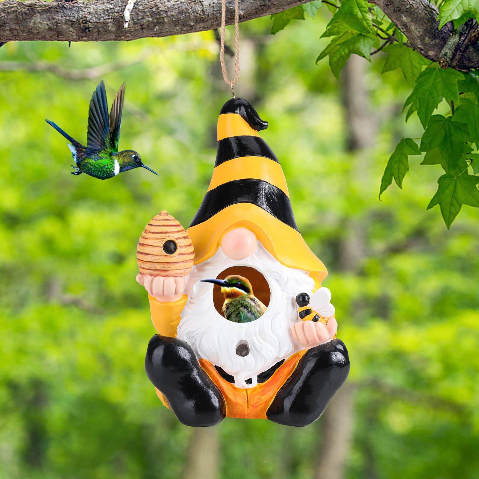 Yinns birdhouse next to common household item illustrating compact 5.9x3.9x8 inch size