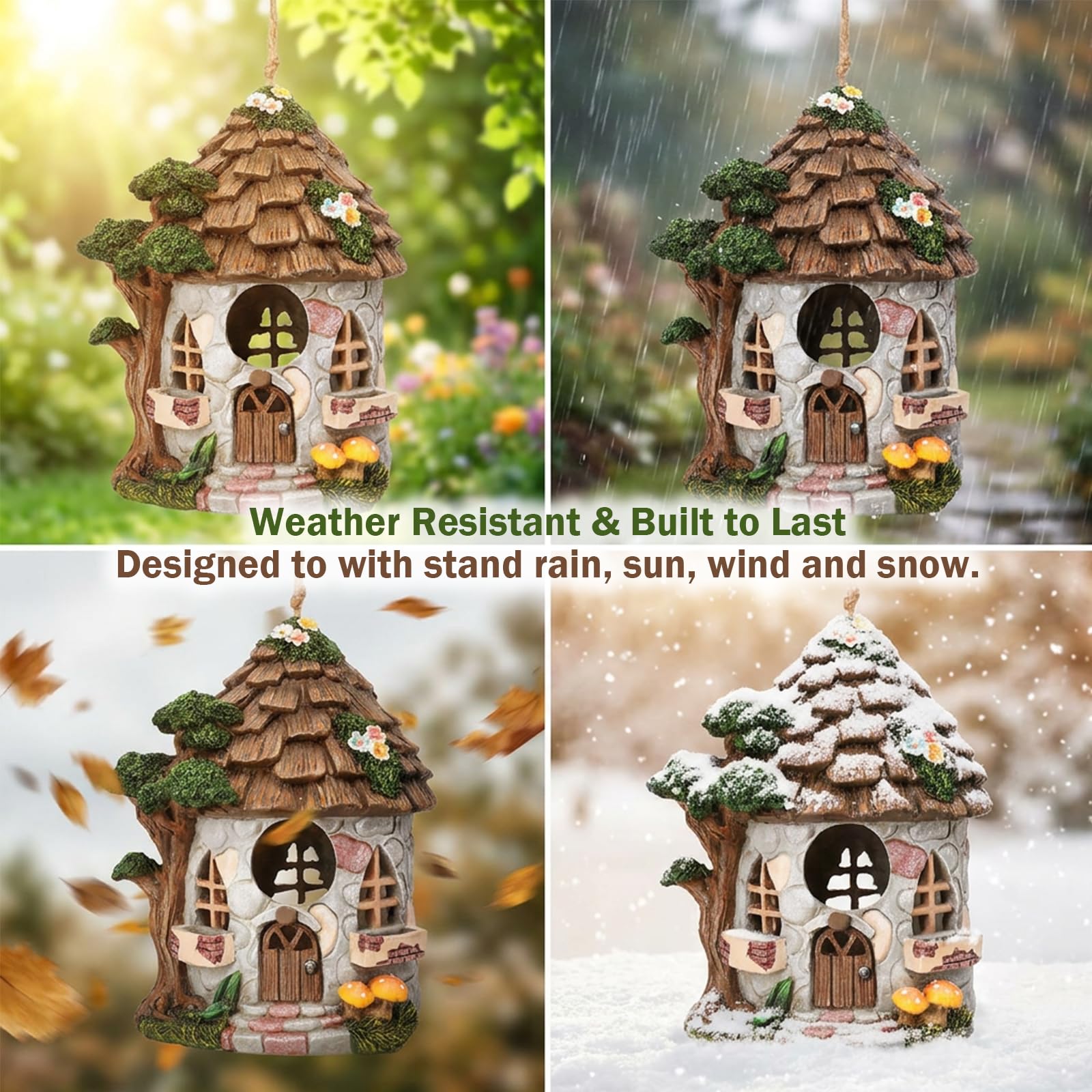 Yinns birdhouse hung in garden attracting curious birds