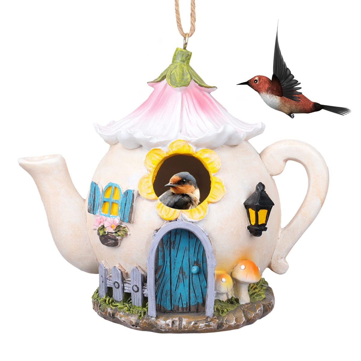 Yinns resin bird house front view showing realistic entrance and weatherproof protection