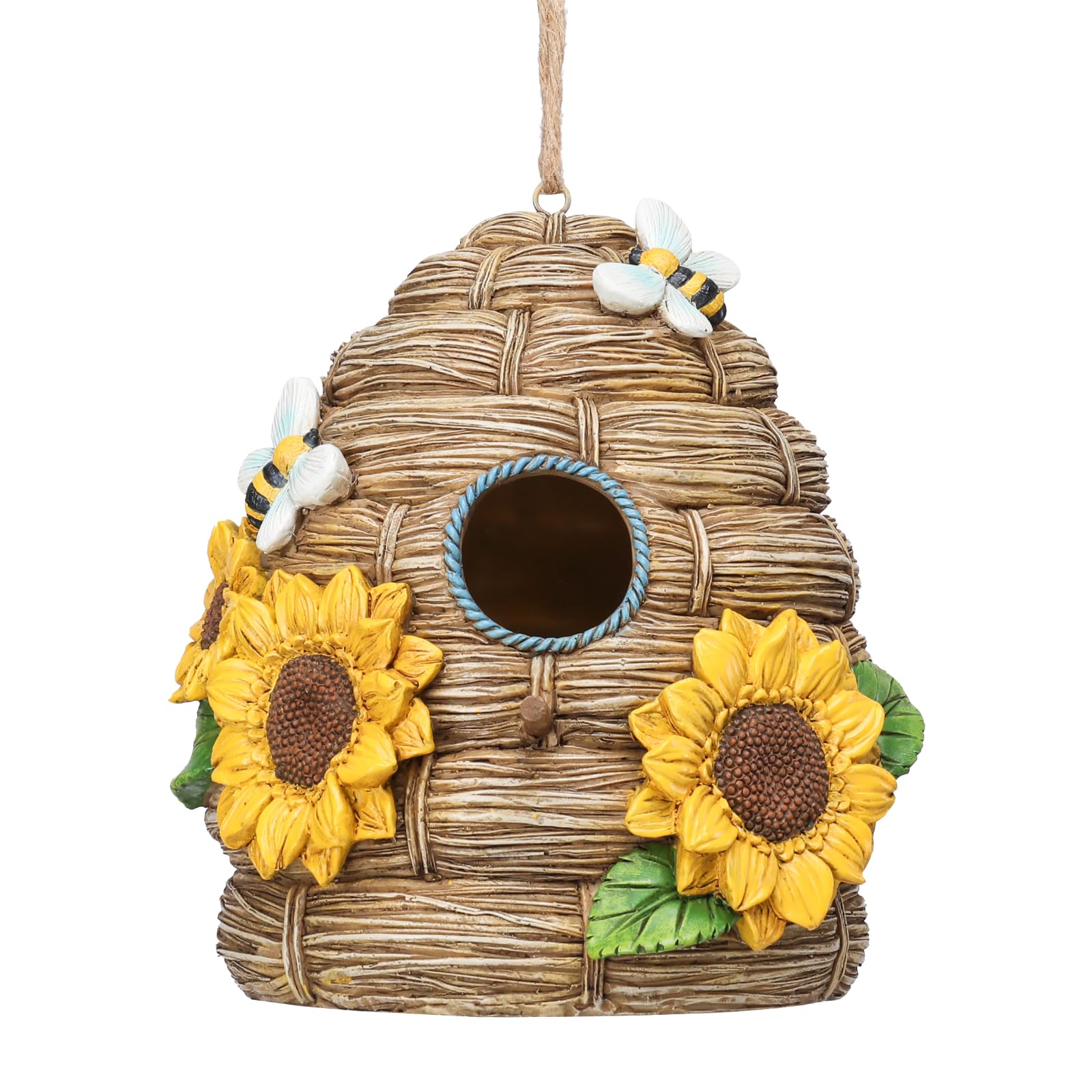 Yinns front view of resin bird house showing natural finish and weatherproof benefit