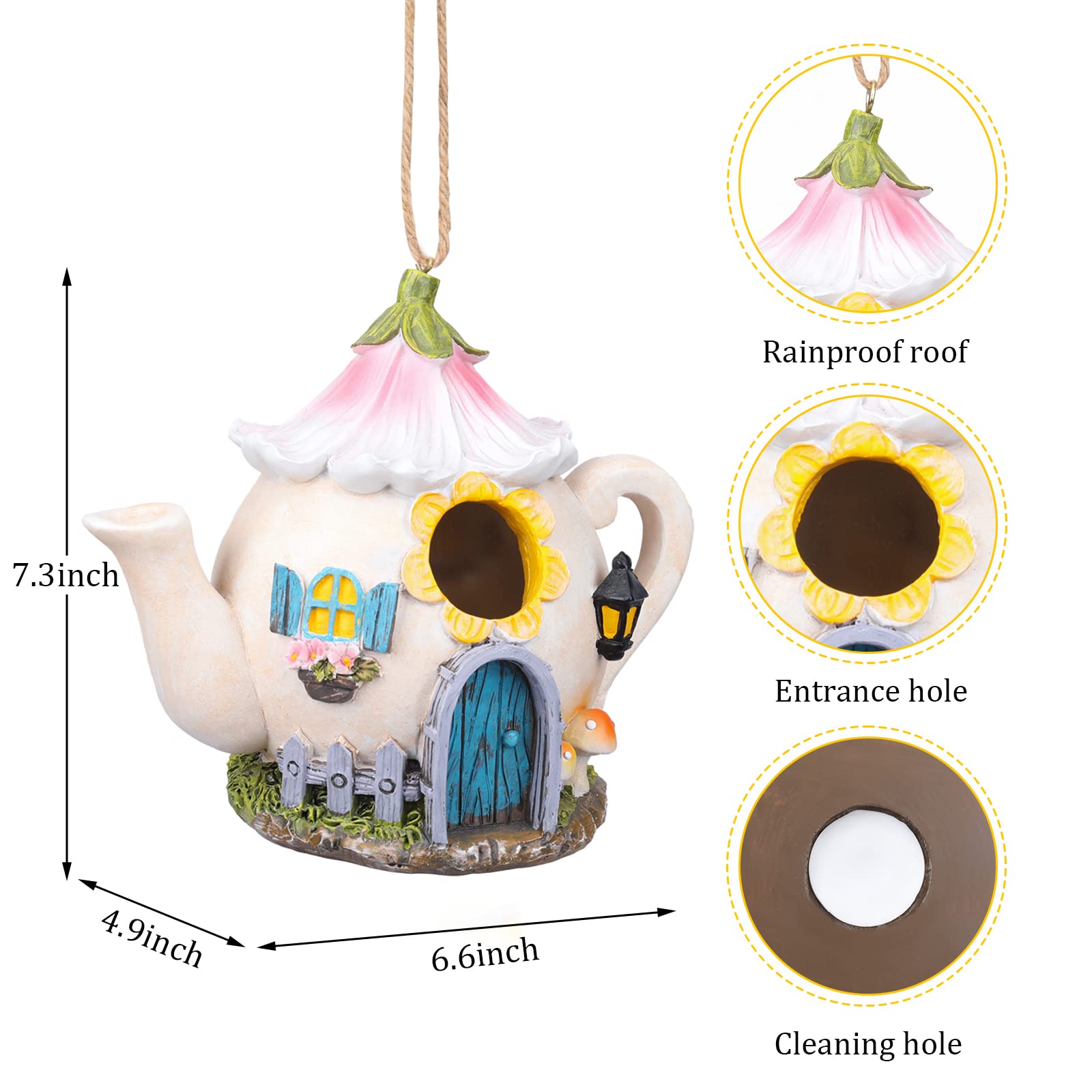 Yinns bird house hanging in garden offering shelter and attracting small songbirds