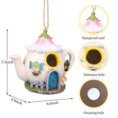 Yinns bird house hanging in garden offering shelter and attracting small songbirds